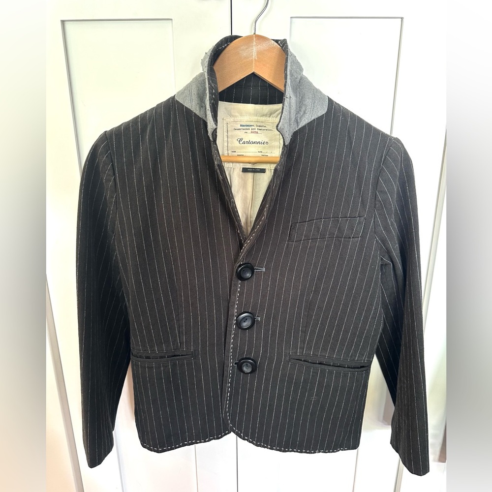 Anthropologie Cartonnier Charcoal Cotton Pinstripe 3/4 Sleeve Blazer Dark Navy